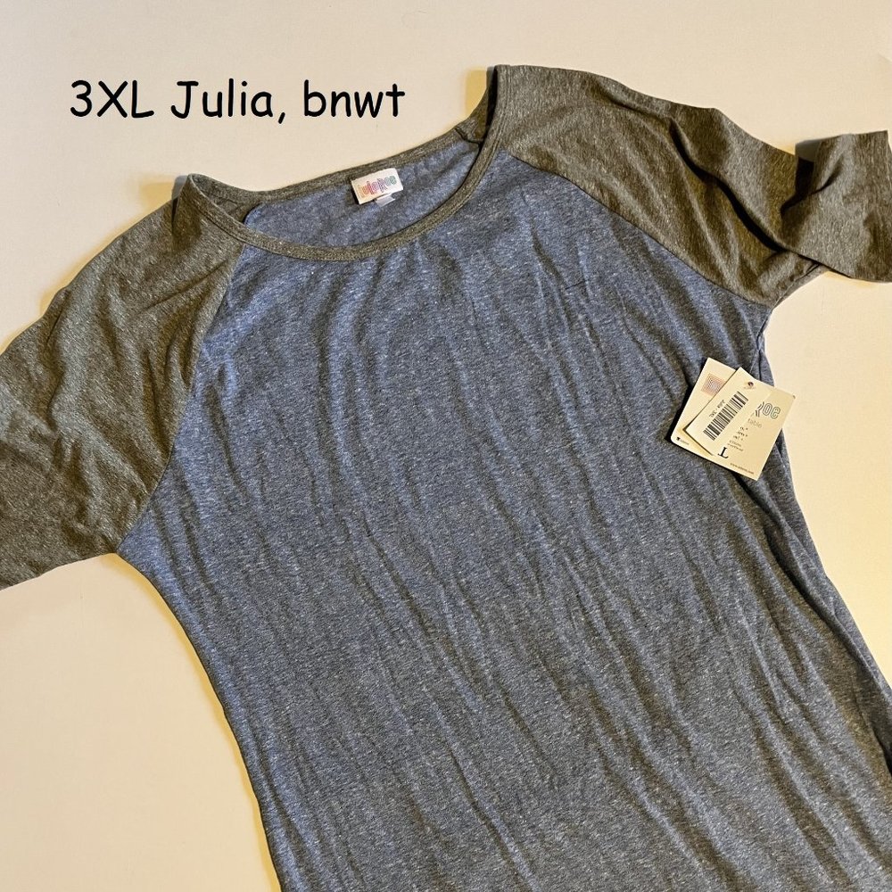 3XL Lularoe Julia sheath dress, blue with grey sleeves